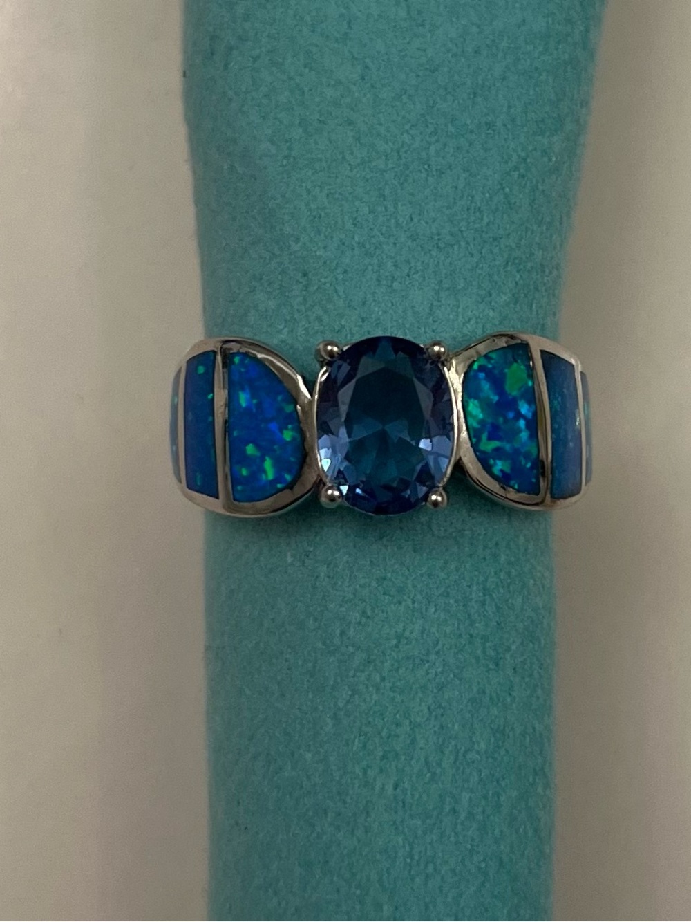Sterling Silver Blue Opal and Amethyst-Style Multi-Stone Ring Size 8